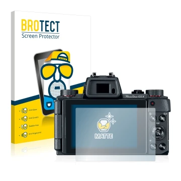 Front side of a product packaging with the brand logo BROTECT. Next to it is the device Canon PowerShot G5 X shown with the co