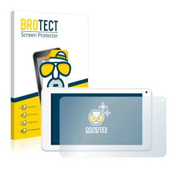 Front side of a product packaging with the brand logo BROTECT. Next to it is the device BigBen Unity Tab 7 shown with the corr