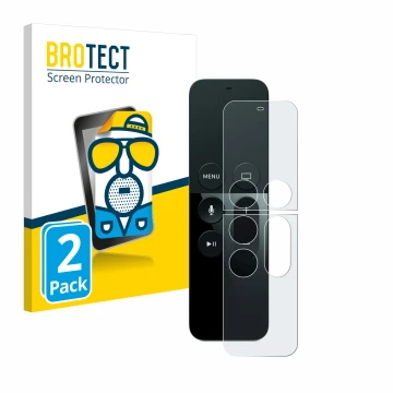Front side of a product packaging with the brand logo BROTECT. Next to it is the device Apple Remote Control Apple TV 4 shown 