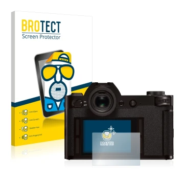 Front side of a product packaging with the brand logo BROTECT. Next to it is the device Leica SL (Typ 601) shown with the corr