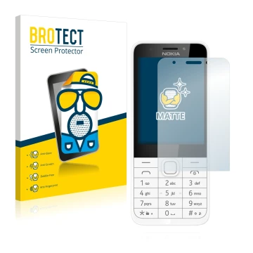 Front side of a product packaging with the brand logo BROTECT. Next to it is the device Nokia 230 shown with the corresponding