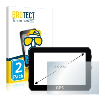 Front side of a product packaging with the brand logo BROTECT. Next to it is the device shown with the corresponding screen pr