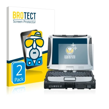 Front side of a product packaging with the brand logo BROTECT. Next to it is the device Panasonic Toughbook CF-19 shown with t