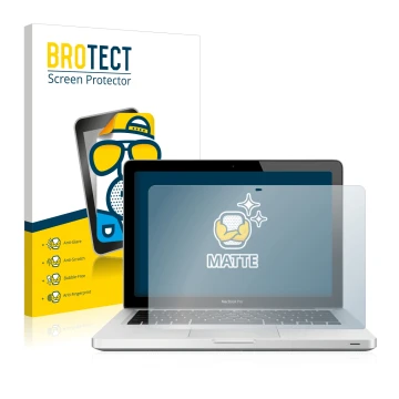 Front side of a product packaging with the brand logo BROTECT. Next to it is the device Apple MacBook Pro 13