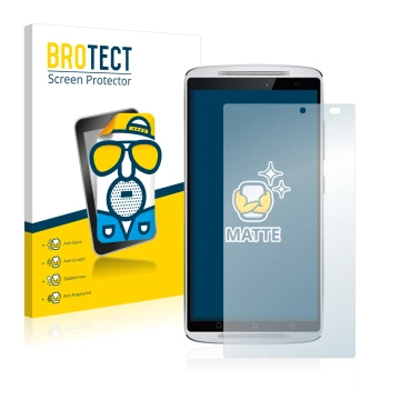 Front side of a product packaging with the brand logo BROTECT. Next to it is the device Lenovo Vibe X3 (camera right only) sho