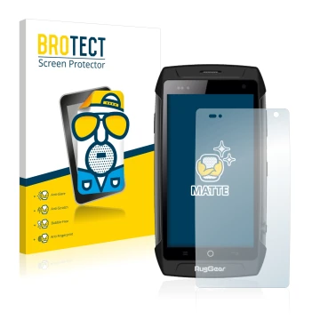 Front side of a product packaging with the brand logo BROTECT. Next to it is the device RugGear RG730 shown with the correspon