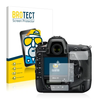 Front side of a product packaging with the brand logo BROTECT. Next to it is the device Nikon D5 shown with the corresponding 