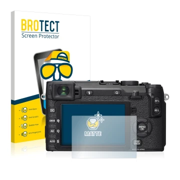 Front side of a product packaging with the brand logo BROTECT. Next to it is the device Fujifilm X-E2S shown with the correspo