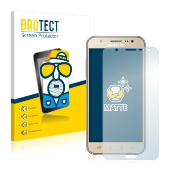 Front side of a product packaging with the brand logo BROTECT. Next to it is the device Samsung Galaxy J7 2016 shown with the 
