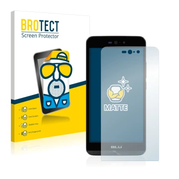 Front side of a product packaging with the brand logo BROTECT. Next to it is the device BLU Dash X LTE shown with the correspo