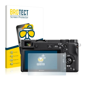 Front side of a product packaging with the brand logo BROTECT. Next to it is the device Sony Alpha 6300 shown with the corresp