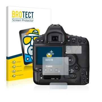 Front side of a product packaging with the brand logo BROTECT. Next to it is the device Canon EOS 1D X Mark II shown with the 