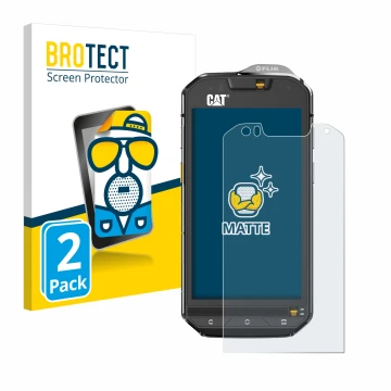 Front side of a product packaging with the brand logo BROTECT. Next to it is the device Caterpillar Cat S60 shown with the cor