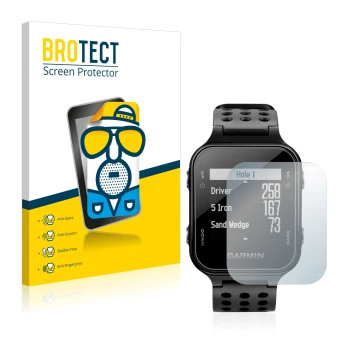 Front side of a product packaging with the brand logo BROTECT. Next to it is the device Garmin Approach S20 shown with the cor