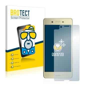 Front side of a product packaging with the brand logo BROTECT. Next to it is the device Sony Xperia X shown with the correspon