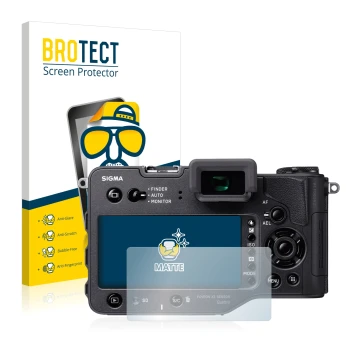 Front side of a product packaging with the brand logo BROTECT. Next to it is the device Sigma SD Quattro shown with the corres