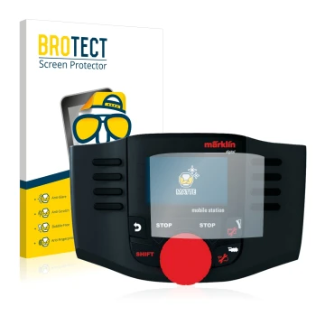 Front side of a product packaging with the brand logo BROTECT. Next to it is the device Märklin Mobile Station 60657 2016 show