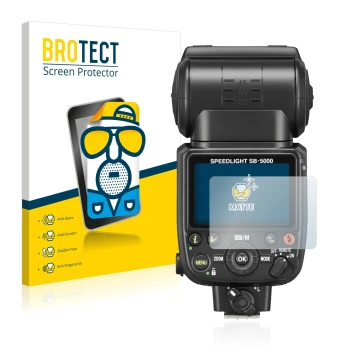 Front side of a product packaging with the brand logo BROTECT. Next to it is the device Nikon SB-5000 shown with the correspon