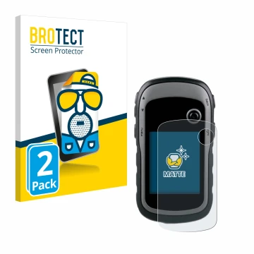 Front side of a product packaging with the brand logo BROTECT. Next to it is the device Garmin eTrex 30x shown with the corres