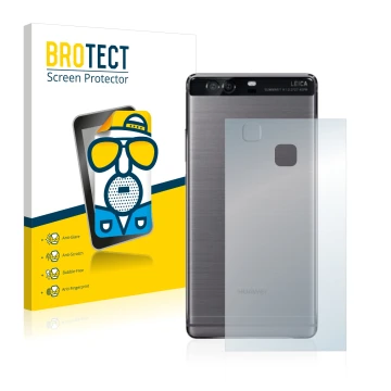 Front side of a product packaging with the brand logo BROTECT. Next to it is the device Huawei P9 Plus (Back) shown with the c