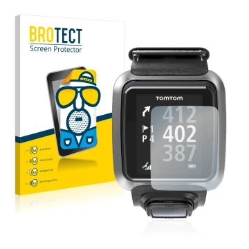 Front side of a product packaging with the brand logo BROTECT. Next to it is the device TomTom Golfer 2 shown with the corresp