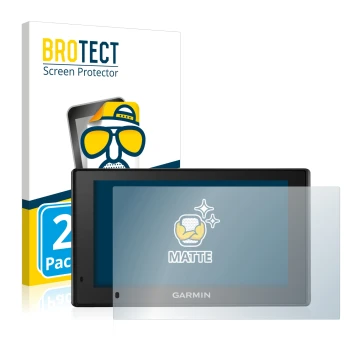 Front side of a product packaging with the brand logo BROTECT. Next to it is the device Garmin DriveSmart 50 LMT-D shown with 