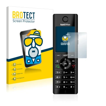 Front side of a product packaging with the brand logo BROTECT. Next to it is the device AVM Fritz!Fon C5 shown with the corres