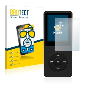 Front side of a product packaging with the brand logo BROTECT. Next to it is the device AGPtek 8GB MP3-Player shown with the c