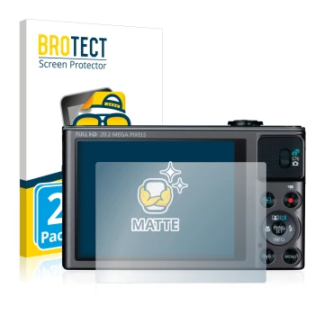 Front side of a product packaging with the brand logo BROTECT. Next to it is the device Canon PowerShot SX620 HS shown with th
