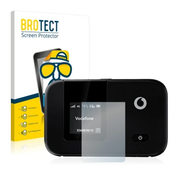 Front side of a product packaging with the brand logo BROTECT. Next to it is the device Vodafone R215 WLAN Router shown with t