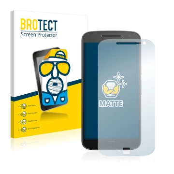 Front side of a product packaging with the brand logo BROTECT. Next to it is the device Motorola Moto G4 Plus shown with the c