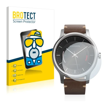 Front side of a product packaging with the brand logo BROTECT. Next to it is the device Garmin vivomove shown with the corresp