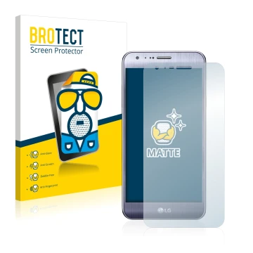 Front side of a product packaging with the brand logo BROTECT. Next to it is the device LG X Mach shown with the corresponding