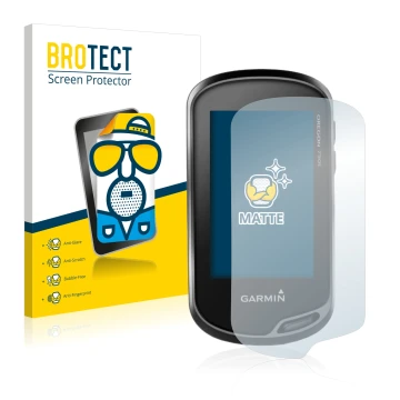 Front side of a product packaging with the brand logo BROTECT. Next to it is the device Garmin Oregon 750t shown with the corr
