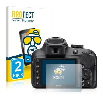 Front side of a product packaging with the brand logo BROTECT. Next to it is the device Nikon D3400 shown with the correspondi