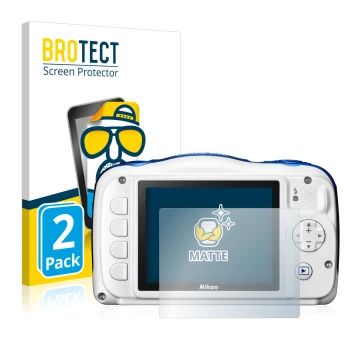 Front side of a product packaging with the brand logo BROTECT. Next to it is the device Nikon Coolpix W100 shown with the corr