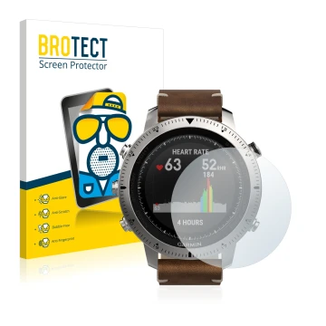 Front side of a product packaging with the brand logo BROTECT. Next to it is the device Garmin Fenix Chronos shown with the co