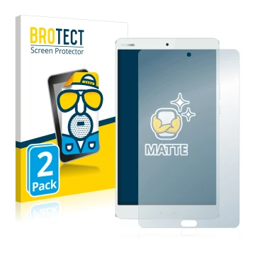 Front side of a product packaging with the brand logo BROTECT. Next to it is the device Huawei MediaPad M3 8.4 shown with the 