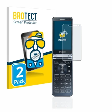 Front side of a product packaging with the brand logo BROTECT. Next to it is the device Samsung Galaxy Folder 2 shown with the