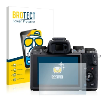 Front side of a product packaging with the brand logo BROTECT. Next to it is the device Canon EOS M5 shown with the correspond