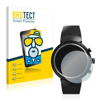 Front side of a product packaging with the brand logo BROTECT. Next to it is the device ASUS ZenWatch 3 1.39