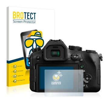 Front side of a product packaging with the brand logo BROTECT. Next to it is the device Panasonic Lumix DMC-FZ2000 shown with 