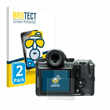 Front side of a product packaging with the brand logo BROTECT. Next to it is the device Fujifilm GFX50S shown with the corresp