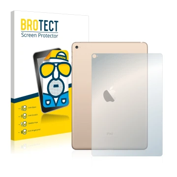 Front side of a product packaging with the brand logo BROTECT. Next to it is the device Apple iPad Air 2 2014 (Back) shown wit