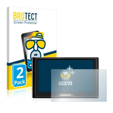 Front side of a product packaging with the brand logo BROTECT. Next to it is the device Garmin Drive 50 LM shown with the corr