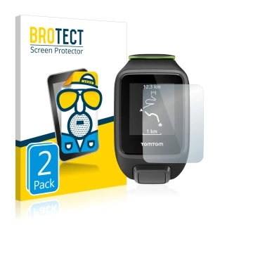 Front side of a product packaging with the brand logo BROTECT. Next to it is the device TomTom Runner 3 shown with the corresp