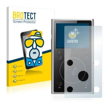 Front side of a product packaging with the brand logo BROTECT. Next to it is the device FiiO X1 II shown with the correspondin