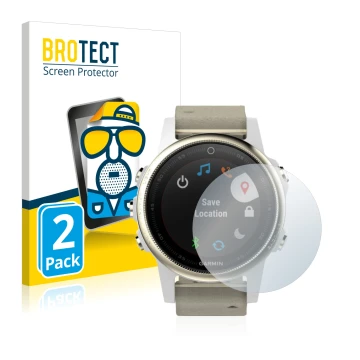 Front side of a product packaging with the brand logo BROTECT. Next to it is the device Garmin Fenix 5S (42 mm) shown with the