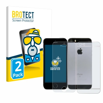 Front side of a product packaging with the brand logo BROTECT. Next to it is the device Apple iPhone SE 2016 (Front+Back) show