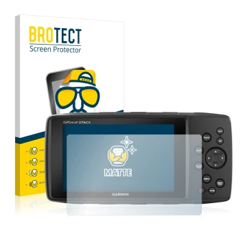 Front side of a product packaging with the brand logo BROTECT. Next to it is the device Garmin 276Cx shown with the correspond
